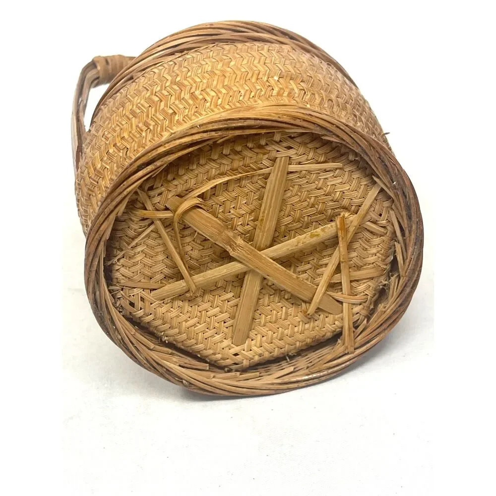 Miniature Vintage Wedding Basket Bamboo Wicker Woven Asian Chinese w/Lid Antique